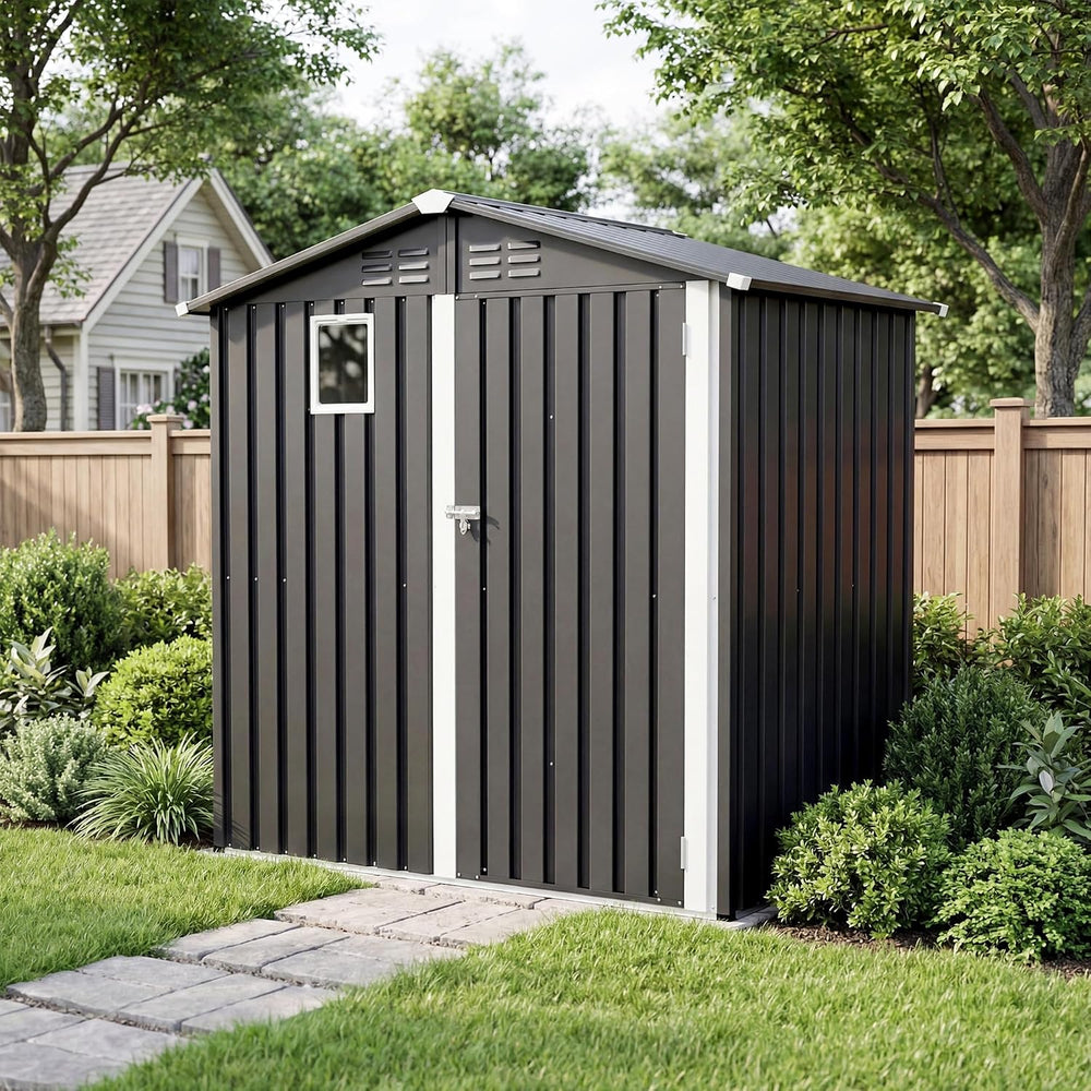 Outdoor Metal Storage Shed 6x4 FT,Gray Lockable Storage Shed, Window & Ve...