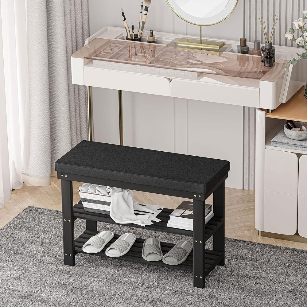 Domax Bamboo Shoe Bench with Cushion, 3-Tier Shoe Rack Organizer, Black