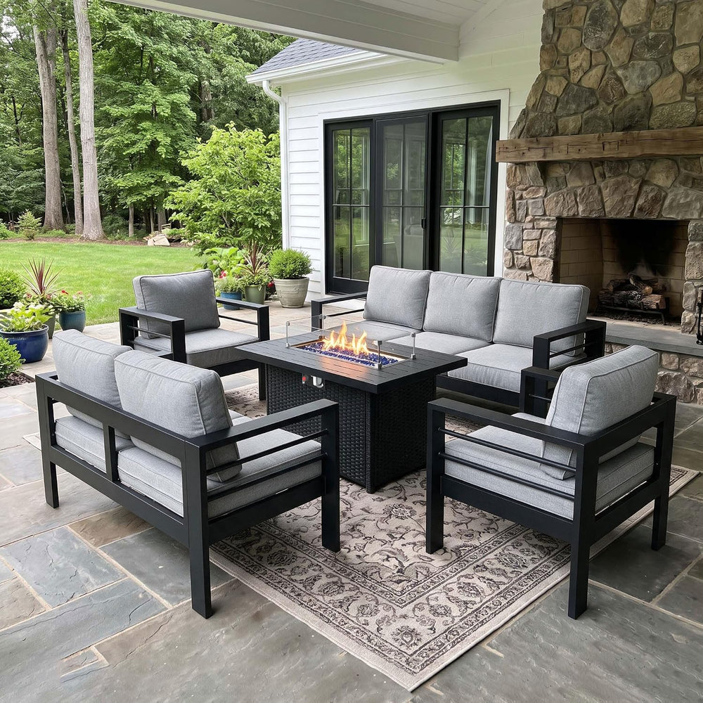 Outdoor Aluminum Furniture Set with Fire Pit Table, 5 Pieces Patio Sectional ...