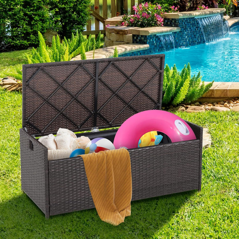 Tangkula 34 Gallon Outdoor Storage Bench with Seat Cushion, Patio Mix Brown W...