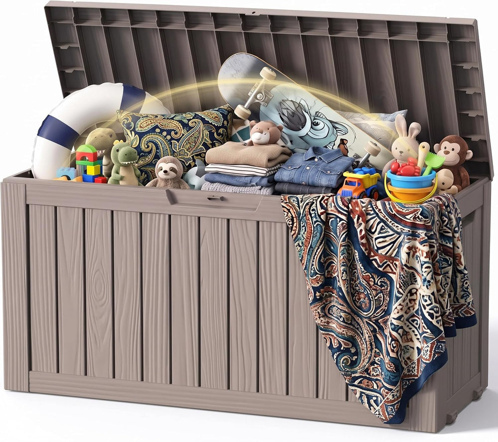 DRATO 155 Gallon Deck Box Waterproof Outdoor Storage Box with Wheels, Grey