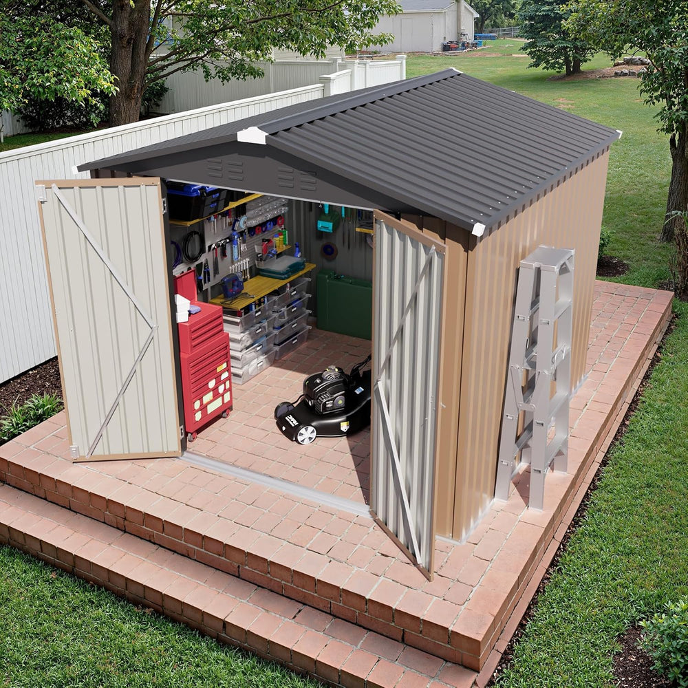 JUMMICO 8x8 FT Outdoor Storage Shed, Tool Metal Sheds, Brown